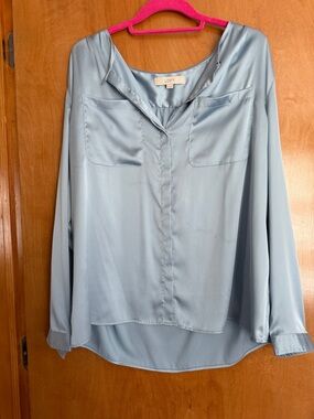 LOFT Light Blue Satin Button-Front Blouse